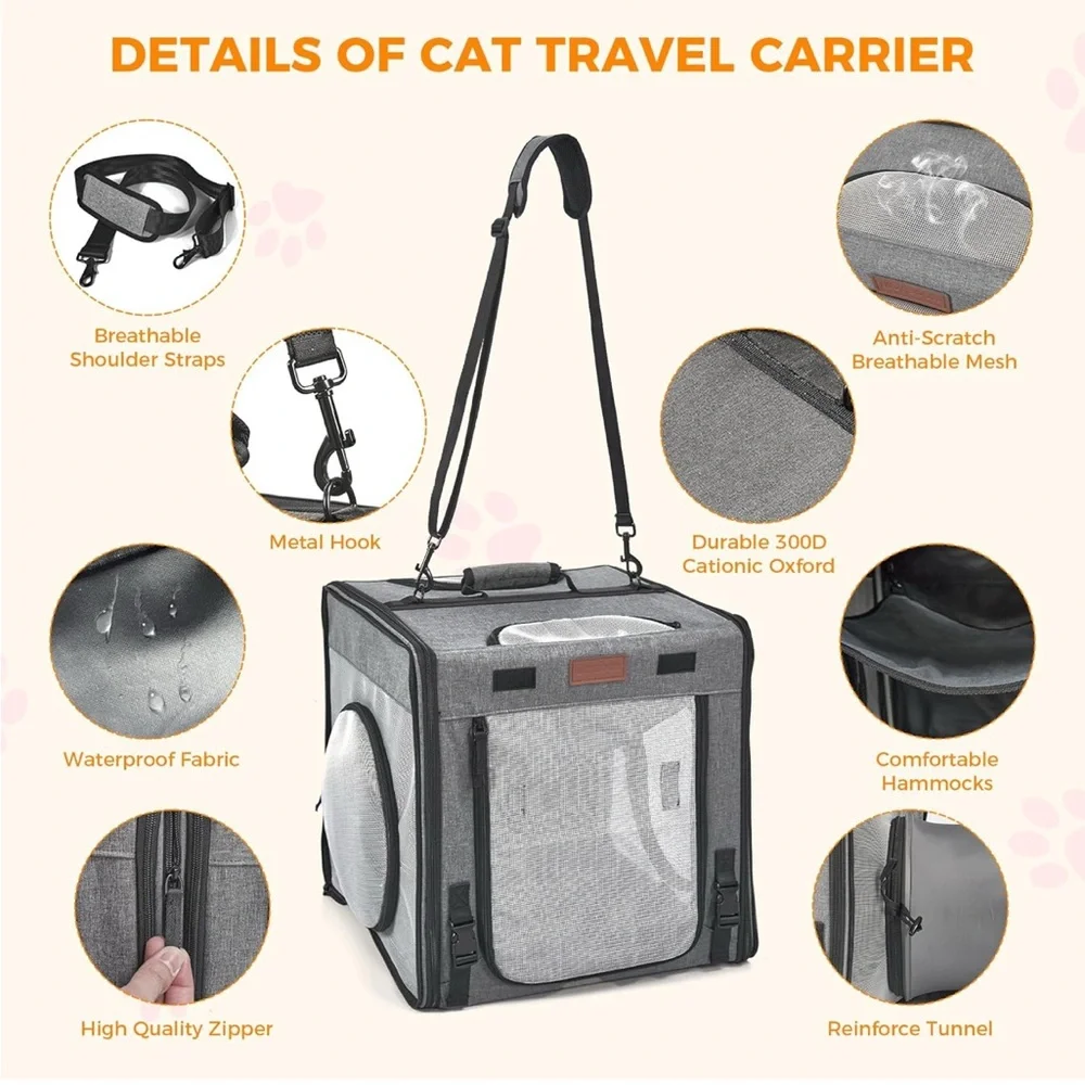 2-in-1 Double Collapsible Carrier for 2 Cats🐈Car w PlayTunnelsLitterBox&Hammock